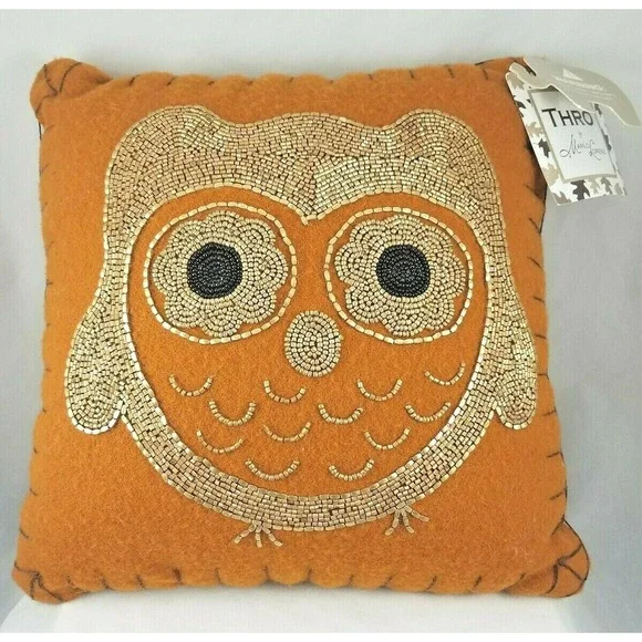 Thro Marlo Lorentz Odetta‎ Owl Decorative Beaded Owl Wool Felt 12x12 Pillow NWT
