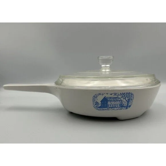 Corning Amana Radarange White/Blue Colonial House Browning Skillet w/Lid Vintage