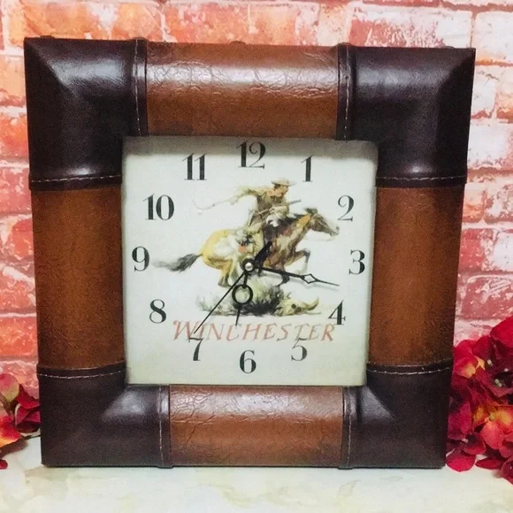 Vintage Winchester Riffle Leather Framed Square Wall Clock