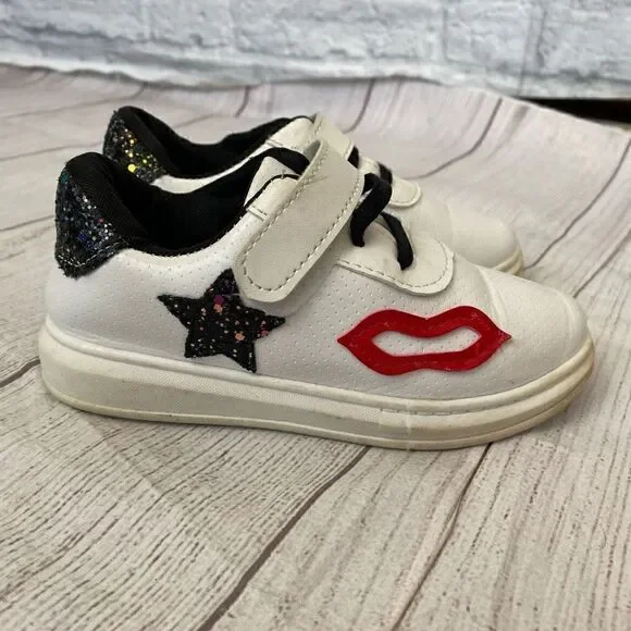 Little girls slip on shoes w/lips,star, & glitter back white sz 12.5