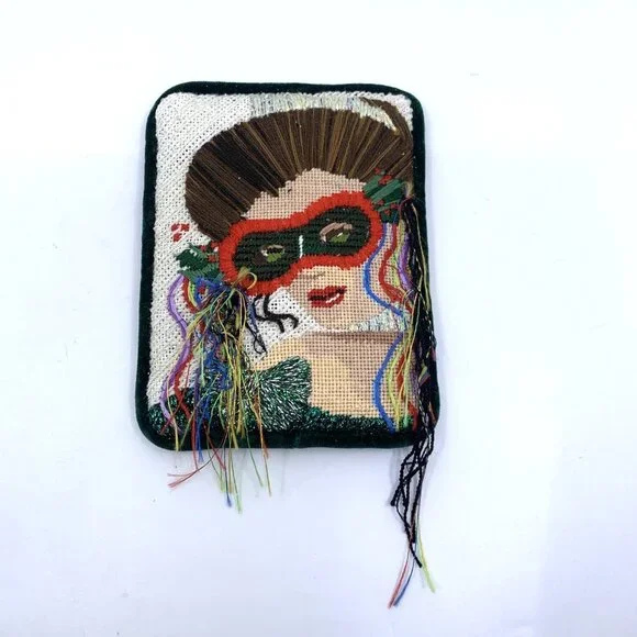 Vintage Handstitched Needlepoint Art Deco Pillow Flapper Masquerade Mask 6.5