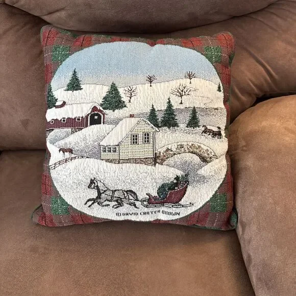 Gurvic Carter Brown Winter Tapestry Throw Pillow Horse Sleigh Snow Scene 16”