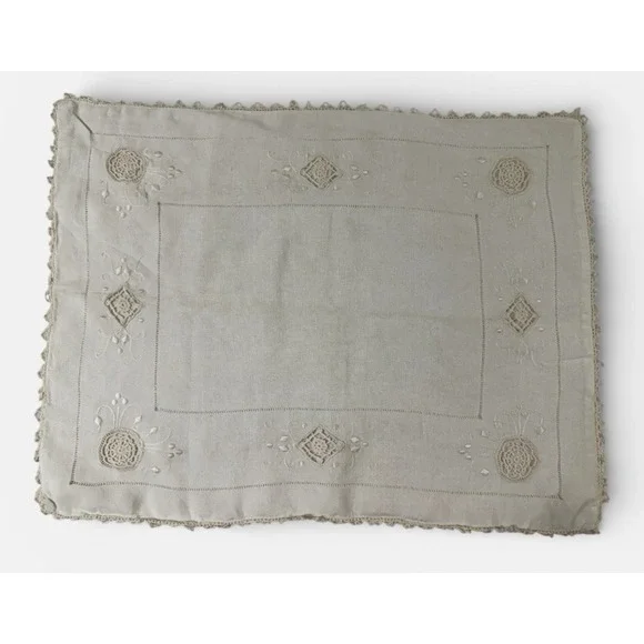 Vtg Handmade Pillow Sham Embroidered Cutwork Crochet Lace Victorian 14x19 Shabby