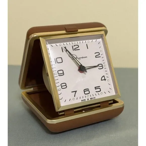 Vintage Ingraham Luminous Folding Travel Alarm Clock Beveled Glass 1960's Works