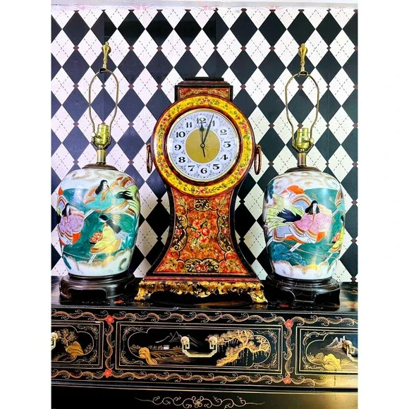 Oversized 2ft Tall Italian Florentine Style Mantel Clock Hand Painted