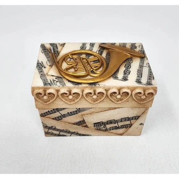 2004 Roman Inc. Trinket Jewelry Music Box French Horn Music Notes Theme 4.75x3