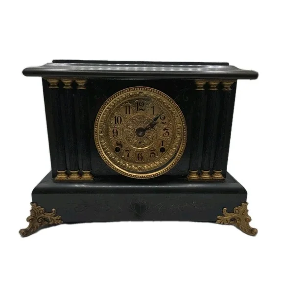 Antique Seth Thomas Black Adamantine 6 Pillar Mantle Clock Lions Head 1880s READ