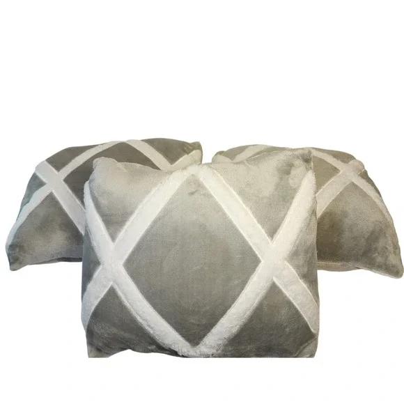 3 Gray White Geometric Diamond Buffalo Plaid Reversible Plush Pillows 16x12