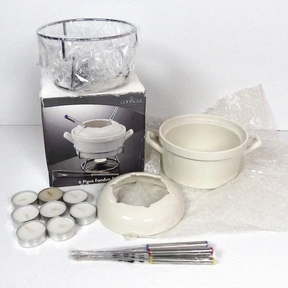 GODINGER 6 PC Cheese FONDUE Set Porcelain Casserole 4 Forks Metal Stand Oven New