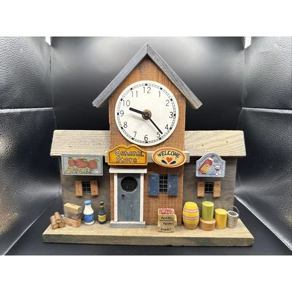 VTG Small Town Store Mantel Wood Decorative with Clock Handmade Cottage Core
