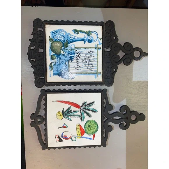 Vintage VEMI Japan CastIron Ceramic Trivet Set Peace & Plenty God Bless Our Home