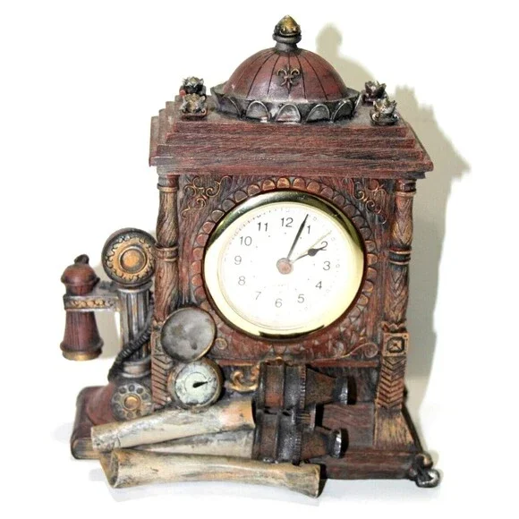 Vintage Antique Looking Mantle Clock Battery Powered Crown Binoculars Compass 7
