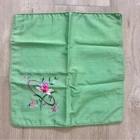 Vintage‎ Chinese Green Silk Hand Embroidered Flowers Pillow Sham Cover 15”