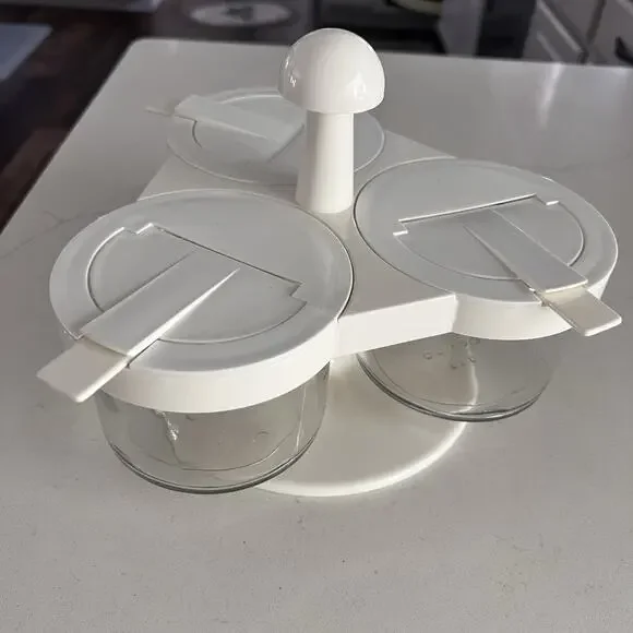 Vtg GEMCO Lazy Susan Condiment Server Rotating Base Clear Glass White Top 7 Pcs