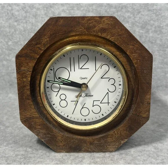 Vintage Seth Thomas Desk Clock Quartz Octagon Wood‎ Brass Trim Tabletop Battery