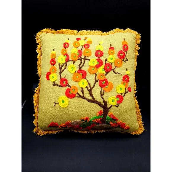 Vintage Crewel Art Embroidered Throw Pillow MCM Groovy Floral Tree Needlework