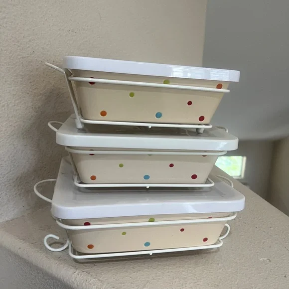 Rare 3‎ Set Polka Dots Temp-tations Casserole Ovenware Dishes & Rack