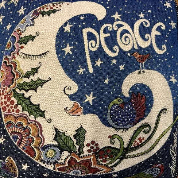 Laurel‎ Burch Peace Moon Tapestry Pillow Blue Celestial Whimsical Boho Folk Art
