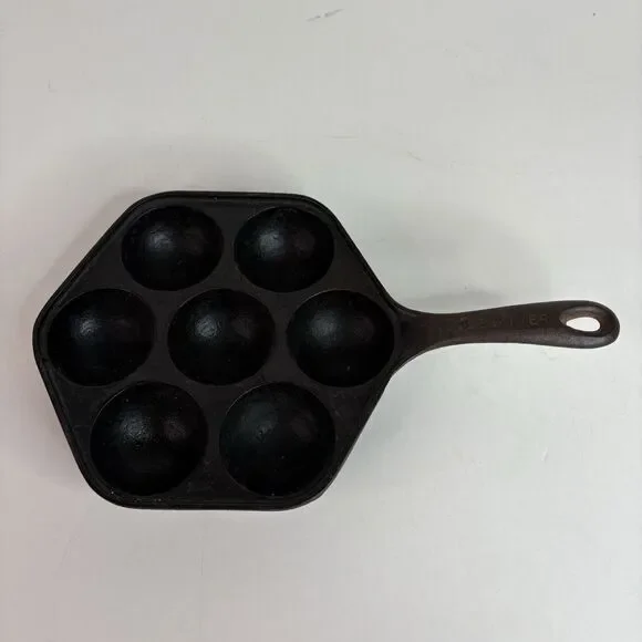 Vintage Aebleskiber Cast Iron Pan, 8” Pan With 7 2” Holes Danish Pancake Pan