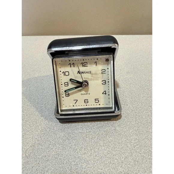 Vintage Advance Travel Alarm Clock‎ Folding Black Case Not Tested 3X3
