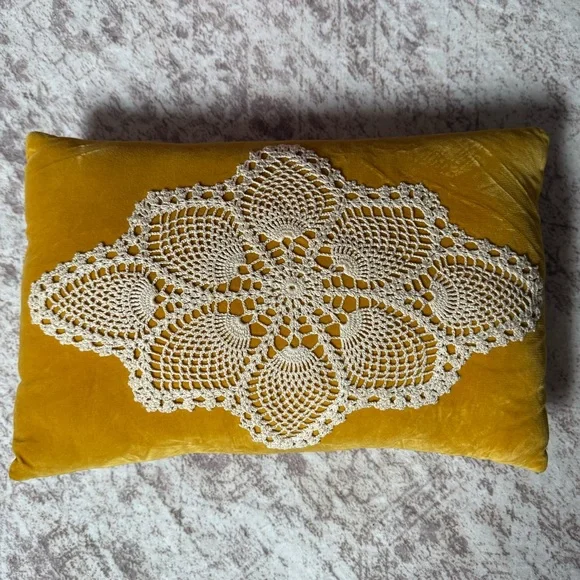 Cottagecore Boho Velvet Doily Throw Pillow Yellow