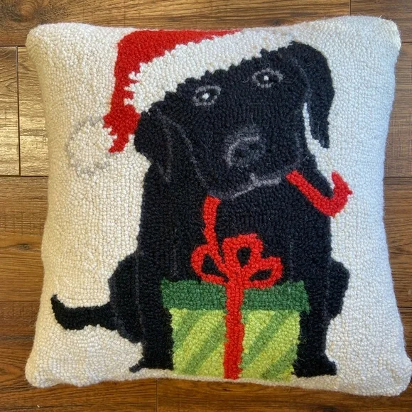 Black Dog Labrador Retriever Puppy Wool Hooked Throw Pillow Grandin Road Xmas