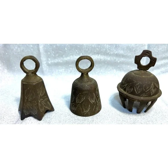 1 CLAW AND 2 BRASS HAND ETCHED BELLS FROM INDIA ALL ARE 2