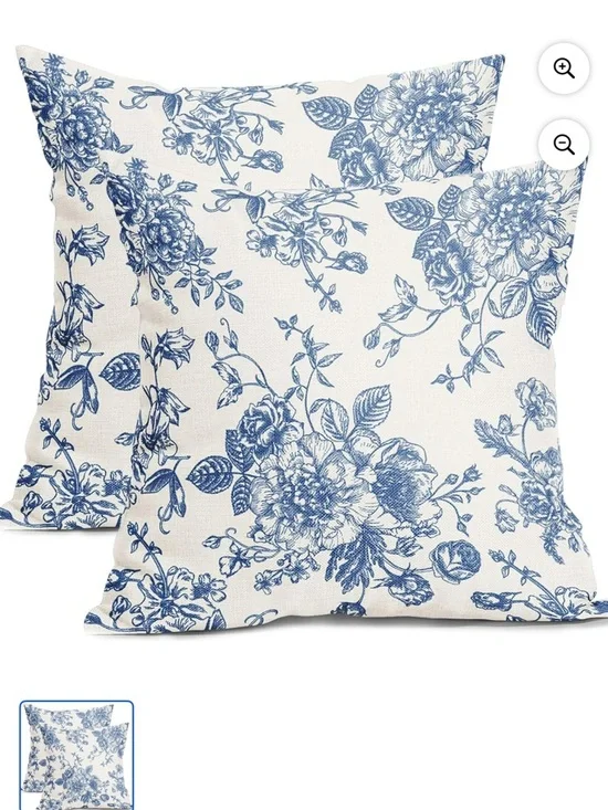 18” x 18” Vintage Blue Chinoiserie Floral Cotton Pillow Covers, Soft (2 Count)