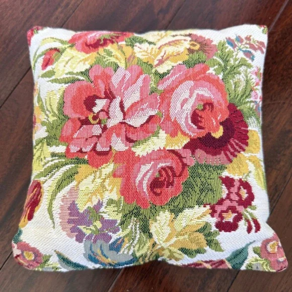 Vintage French Tapestry Floral Pillow 9x9 Art de Lys Needlepoint Cushion