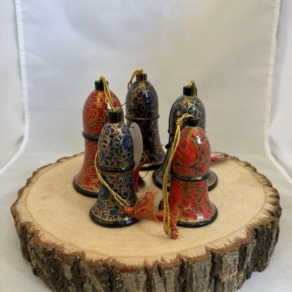 Set Of 5 Lacquer Paper Mache Kashmiri Art Hand Painted Bells That Ring 4