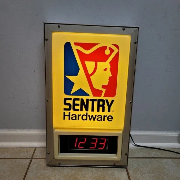 Vintage Sentry Hardware Light Up Sign Digital Clock Tested Working Advertisement