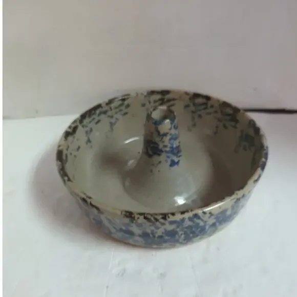 Vintage Hand Thrown Pottery Splatterware Bundt Pan Signed Aubrey Brown 2002 Blue
