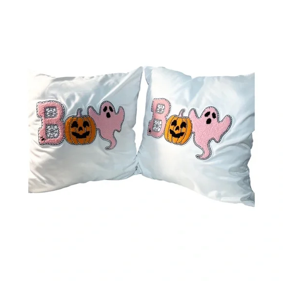 Set of 2 Boo Halloween Embroidered Patch Pillows 18x18