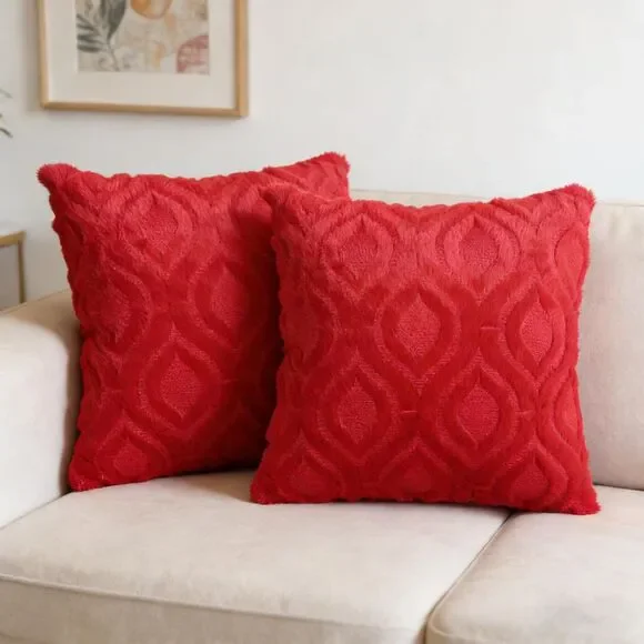 Set of 2, 18x18 Inch Decorative Throw Pillow Covers Faux Fur Patterned (Red)