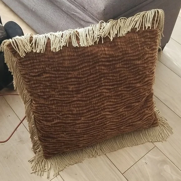 Golden Brown Fringed Accent Throw Pillow