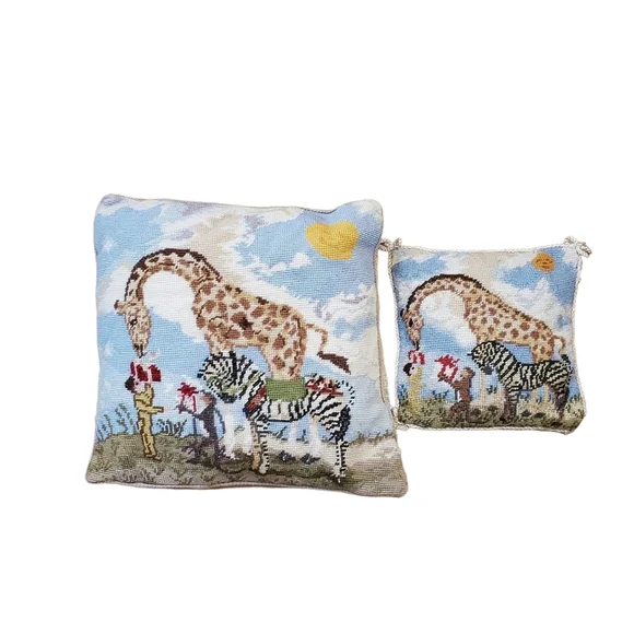 Katha Diddel Vintage Giraffe Zebra Scene Needlepoint Pillows Set Of‎ 2