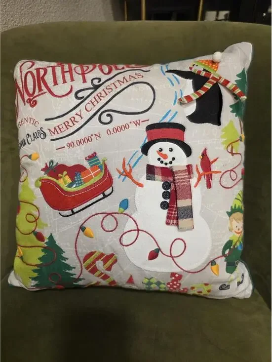 Pier 1 Imports Christmas Lights North Pole Snowman Elf Penguin Pillow 17