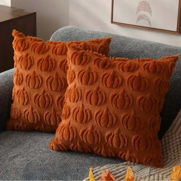 Pair of 18” Pumpkin Textured Throw Pillow Covers – Fall Harvest Decor