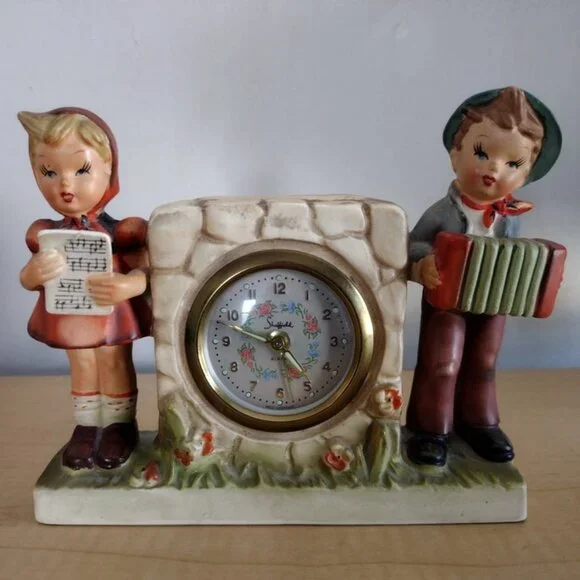 Vintage Sheffield Hummel Style Clock Wind Up Alarm Clock Boy and Girl Folk Art