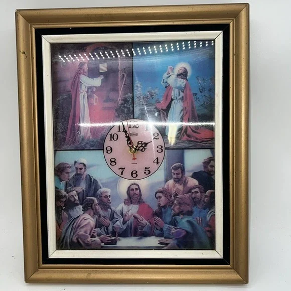 Vtg Eleco Wall Clock Jesus Holographic Framed Last Supper, Door Knock, Praying