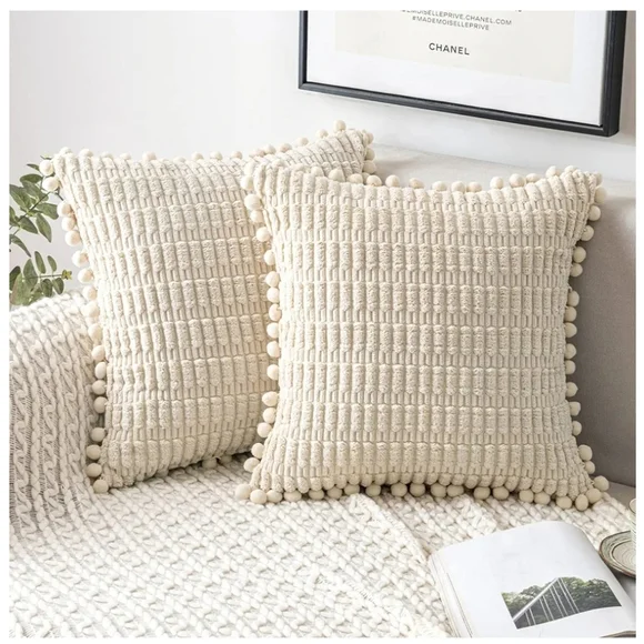 Throw Pillow‎ Covers Pack of 2 Pom-pom Soft Boho Striped Modern Farmhouse cream
