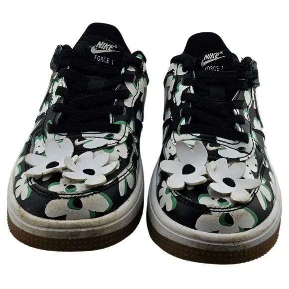 Nike Force 1 Low Kids Black White Green Floral 3D Flower FN0409-001 Size 12C GUC