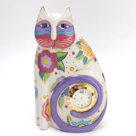 Vintage 1996 Laurel Burch Porcelain Floral Cat Clock White, Gold TESTED WORKING‎