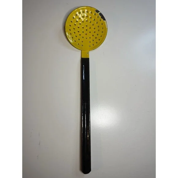 Vintage Poland Enamelware Black And Yellow Metal Hanging Skimmer Ice Fishing