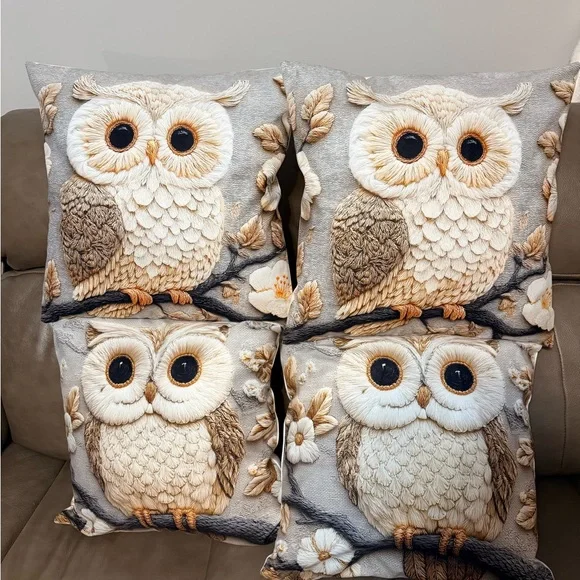 Four New Owl Embroidered Look Throw Pillows 17” X 17”