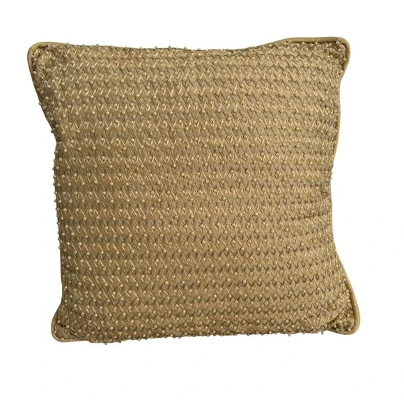 Gold Beaded Chevron Silk Throw Pillow Faux Pearl Embroidered Square Accent 16in