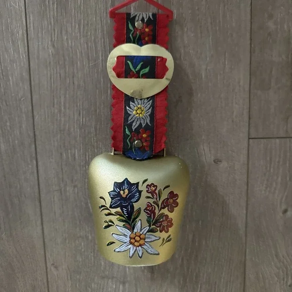 Vintage Swiss Goat Cow Bell Painted Flowers Embroidered Strap‎ 8