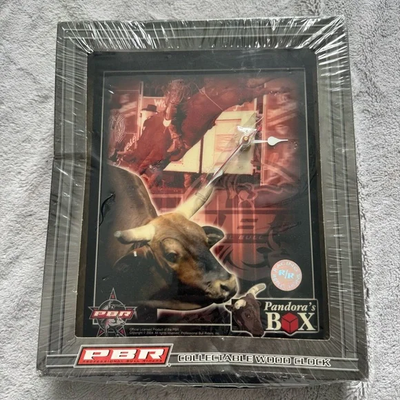 PBR Pandora’s‎ Box Wood Clock 2004 Racing Reflections Bull Rider NIB Sealed