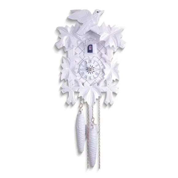 Bird with Five Leaves All White Cuckoo Clock