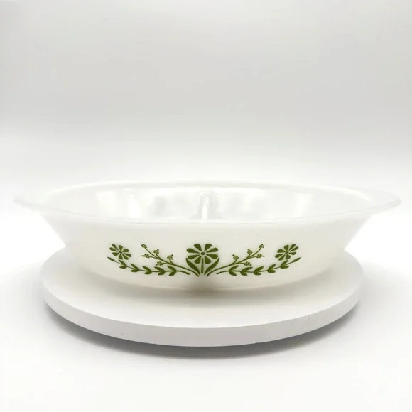Glasbake Divided Casserole Serving Dish Green Daisy Milk Glass Vintage 1 qt